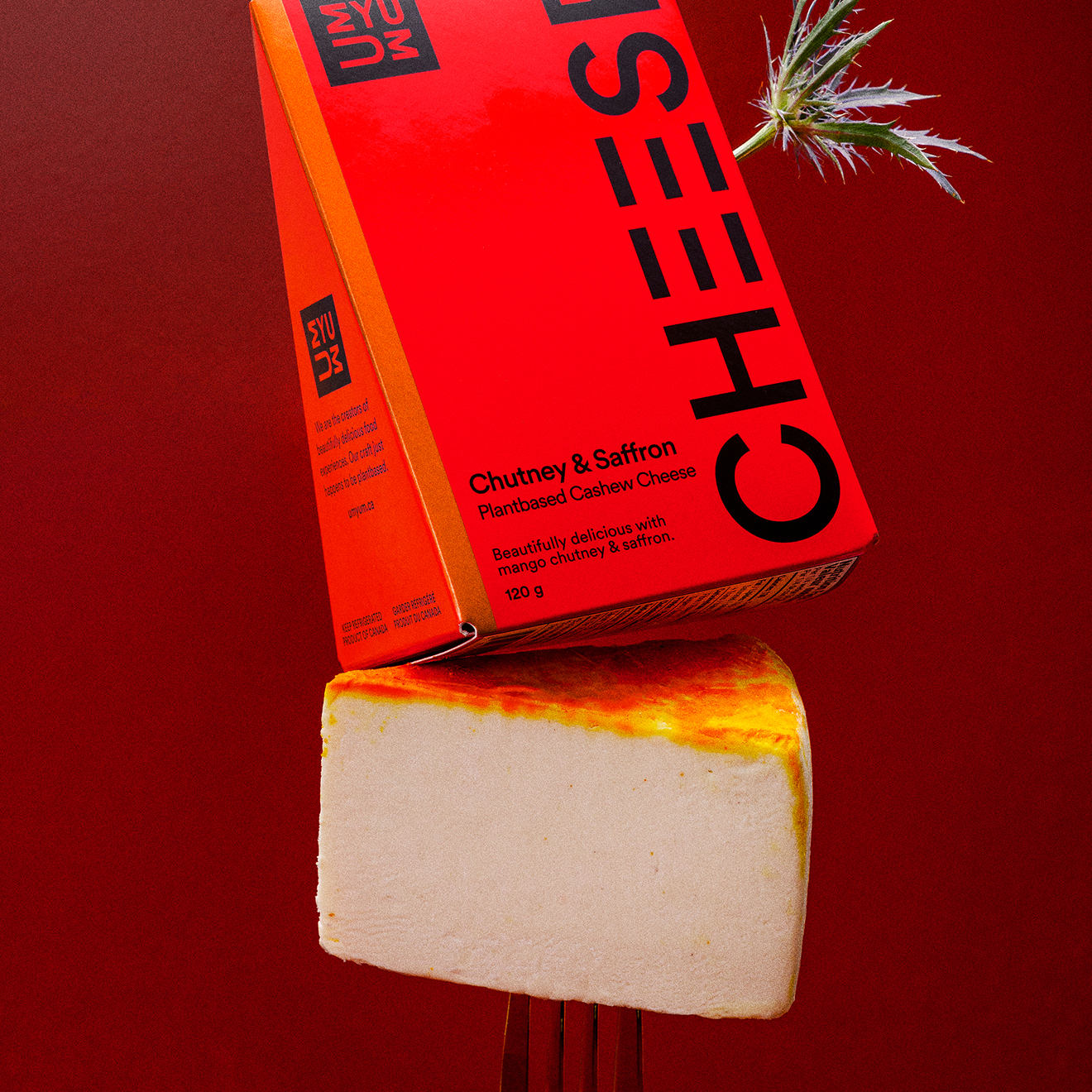 UMYUM Chutney & Saffron plantbased cheese displayed with packaging.