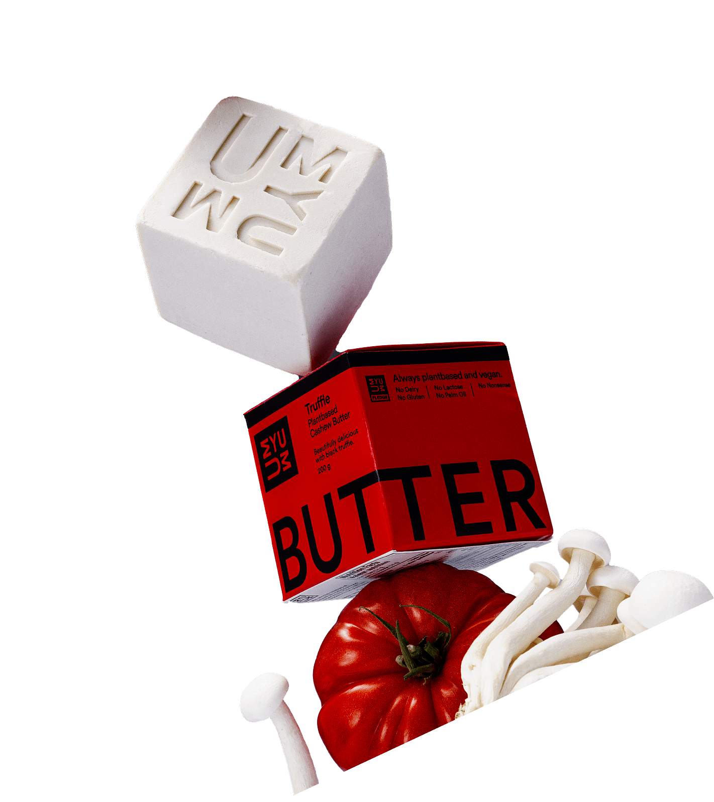 UMYUM plantbased butter displayed with tomato and mushrooms.