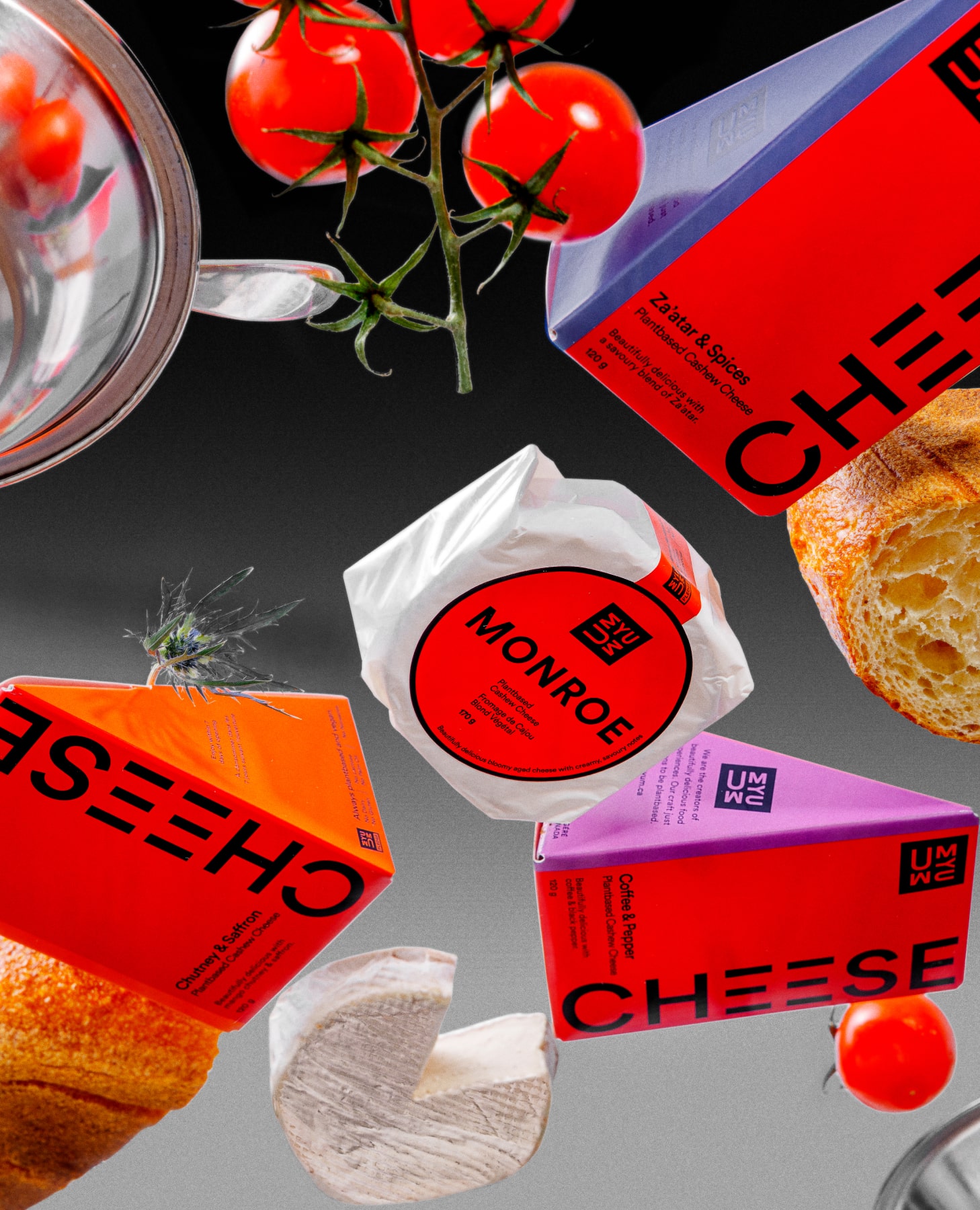 UMYUM plantbased cheese products arranged with bread and food styling elements.