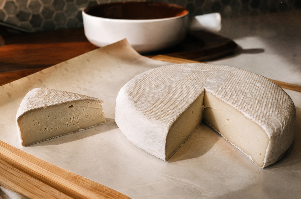 UMYUM Monroe plantbased cheese wheel and wedge on a wooden board.